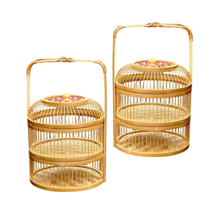 Paniers de rangement en bambou à deux niveaux tissés à la main personnalisés avec motifs floraux Panier de rangement de fruits Panier cadeau - Product Image 1