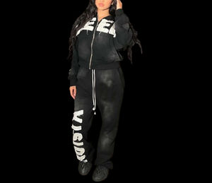 Survêtement exquis lavé à l'acide pour hommes et femmes dans un style évasé, avec sérigraphie personnalisée-Ensemble de 2 pièces - Product Image 1