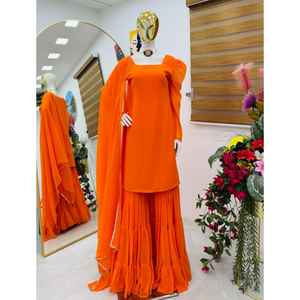 Nuevo diseñador Party Top Palazzo & Dupatta Set Fox Georgette TRABAJO Menos trabajo LONGITUD 40 CUELLO MANGAS redondas TELA DE PALLAZO - Product Image 1