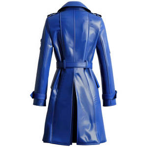 Bleu royal véritable peau de mouton longueur au genou élégant doux ceinturé tenue formelle croisé revers col personnalisé Trench cuir manteau hommes - Product Image 2