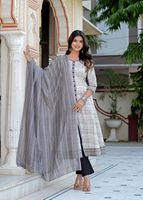 Anarkali Kurta Dupatta en Coton Slub Imprimé Géométrique – Élégant, Léger, Confortable et Écologique pour l'Été
