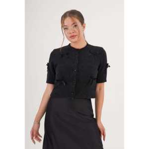 เสื้อคาร์ดิแกนถักแขนสั้นสีแอนทราไซต์สำหรับผู้หญิง ขายส่ง ดีไซน์โบว์ริบบิ้น - Product Image 5