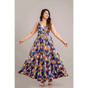 SHKUP1360 Vestido Maxi ajustado y acampanado sin mangas con estampado multigeométrico - Product Image 5