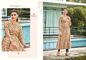 Anarkali Kurtis largo acampanado de rayón de moda para mujer, cinturón bordado con estampado de lámina de 14KG, disponible en diferentes tamaños para India - Product Image 3