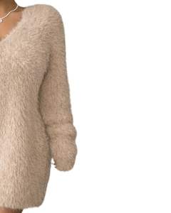 Vestido de Suéter de Punto Beige Personalizado para Mujer, Cuello en V, Manga Larga, Felpa Suave, Cálido para Invierno, Moda, OEM, Venta al por Mayor, Hecho a Medida - Product Image 4