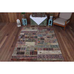 Tapis turc vintage 5,4x7,4 pi (165x225 cm), beige géométrique avec éléments floraux, tapis patchwork - Product Image 1