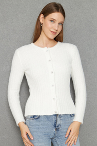 Cárdigan de punto acanalado con hilo de plumas con textura suave para mujer, cárdigan abotonado, cálido, elegante y cómodo, servicio ODM OEM - Product Image 6