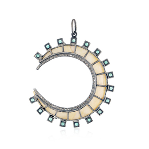 Pave Diamond Natural Emerald Gemstone MOP Crescent Moon Colgante Joyería fina Venta al por mayor Half Moon Pendant Jewelry - Product Image 6