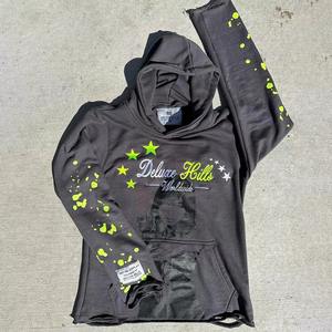 Haute qualité hommes noir coupe bord ourlet brut personnalisé détresse bouffée impression à capuche 500Gsm basique coton mélangé sweats à capuche hommes, sweats à capuche pour hommes - Product Image 2