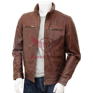 Blouson de motard en cuir véritable marron pour homme, col montant, en cuir de vachette, épaules matelassées, poches zippées, personnalisé, classique, chaud pour l'hiver - Product Image 2