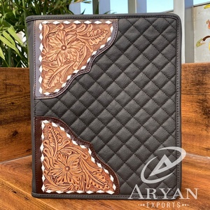 New Hand Tooled <b>Leather</b> Office Business Zipper Pad Holder <b>Document</b> Organizer <b>Folders</b> Quilted <b>Leather</b> File Portfolio Ring Binders - Product Image 1
