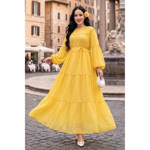 Vestido de Gasa Amarillo Oscuro con Spandex, Detalle Fruncido y Capas, Cintura Imperio, Sexy para Club/Día a Día, Tallas XS-XL, Incluye Forro - Product Image 1