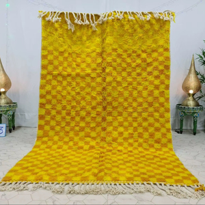 Tapis marocain authentique en laine de mouton tissé à la main Funky Yellow Checkered Design Winter High Pile Area Rug Set Custom Size - Product Image 2