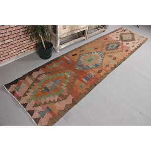 พรมวูลวินเทจแบบยาว ขนาด 2.7x11.1 ฟุต ลายคิลิมสีน้ำตาลแบบแพทช์เวิร์ค พร้อมแผ่นรองหลังทำจากยางพาราเป็นมิตรกับสิ่งแวดล้อม - Product Image 3