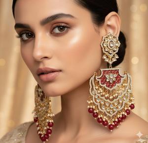 Pendientes Kundan de Primera Calidad, Elegantes, Chapados en Oro, de Estilo Tradicional, Colección para Bodas y Fiestas, para Mujeres y Niñas - Product Image 1