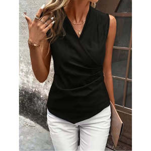 Women'<b>s</b> Sleeveless Wrap Collar Imported Crepe <b>Blouse</b>, 36920 - Black - Product Image 2