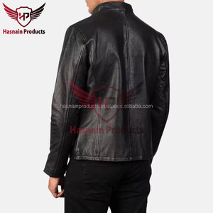 <b>Mens</b> Real Black Leather <b>Jacket</b> Stand Collar Full Zip Side Pockets Sheepskin Biker Coat Custom Minimalist Winter Outerwear - Product Image 5