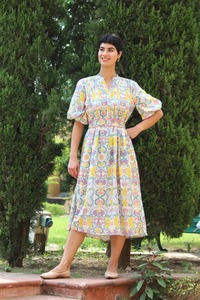 เดรสยาวของผู้หญิงยาวคอปกพิมพ์ลายแขนโคมไฟตัดกันสินค้าใหม่ล่าสุด - Product Image 3