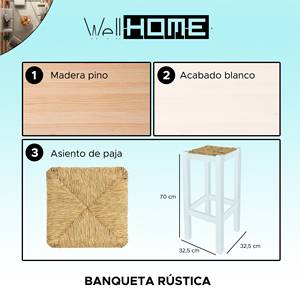 WELL HOME Banco Alto Cuadrado Rústico de Madera 32.5x32.5x70 cm Acabado Blanco Elegantes Taburetes de Bar - Product Image 2