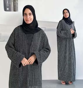 Modern black and <b>white</b> color-block abaya with delicate lace leaf trim. Available at wholesale prices. - Product Image 3