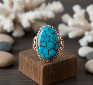 Bague en plaqué or rose, rhodié, turquoise, sertissage de pierre naturelle, design tendance pour femme, cadeau de fête de mariage unisexe - Product Image 2