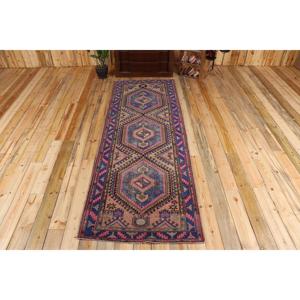 Alfombra Turca de 3,37x9,5 pies, Alfombra Geométrica Azul Vintage - Product Image 1