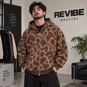 Custom Mens Oversized Brown Spotted Zip Hoodie Heavyweight Fleece Streetwear <b>Sweatshirt</b> Private Label OEM Manufacturer - Product Image 1