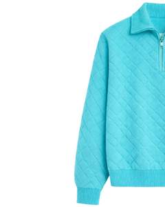 Manufacturer Customized <b>Mens</b> Quarter Zip Quilted Knit Sweater Sky Blue Solid Diamond Texture High Neck Warm Winter Pullover OEM - Product Image 3