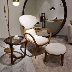 Chaise longue moderne Fred avec pouf en bois de teck massif et tissu en velours avec finition noyer pour le salon intérieur. - Product Image 5