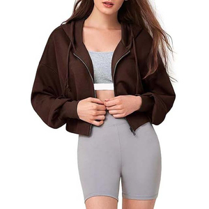 OEM ODM Custom Zip up Relaxed Fit Cotton Polyester Fleece <b>Cropped</b> Gym Fitness Full Zip up Puff Print Hoodies for women - Product Image 5