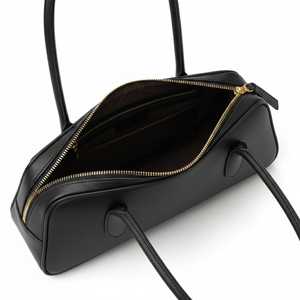 Black Genuine Leather Barrel <b>Bag</b> Women Fashion Two Long Handles <b>ZIP</b> Closure Water Resistant 90s Style Minimalist Shoulder <b>Tote</b> - Product Image 1