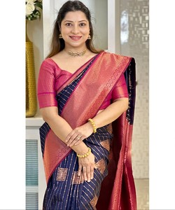 Sari de Jacquard de Seda Lichi MÁS SELECCIONADO, Blusa Sin Coser, Ropa de Fiesta, Festivo, Para Todas las Estaciones, Prenda Étnica, Azul Marino - Product Image 4