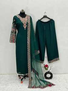 Élégant tissu de soie vert brodé Salwar Kameez avec Dupatta pour les vêtements de fête des femmes indiennes et pakistanaises - Product Image 4