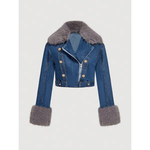 Veste en jean bleue pour femme personnalisable, élégante, à manches longues avec de grandes poches, style varsity et blazer, veste pour femme - Product Image 1