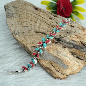 Handmade 925 <b>Sterling</b> <b>Silver</b> Fine Charm <b>Bracelet</b> Natural Turquoise and Coral Gemstone Gift for Girls and <b>Women</b> - Product Image 4