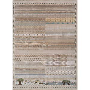 Tapis Manchaha en laine et soie de bambou noués à la main, couleur ivoire, épaisseur 10 mm, rectangulaires, motif patchwork abstrait, design couloir, Les-2412 pour la maison - Product Image 1