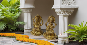 Sculpture religieuse indienne de conception moderne fabriquée à la main Ganesh et Laxmi assis sur une statue en laiton de lotus pour Diwali et les mariages - Product Image 6