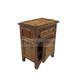 Wholesale Antique Brown Rattan Wicker Wood 2 <b>Drawer</b> Cabinet Nightstand <b>Storage</b> Living Room Furniture Home Hotel Villa Project - Product Image 3