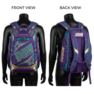 Sac à dos de cheerleading pour femmes en polyester 600D de qualité supérieure, 350 GSM, violet, turquoise, or, design à panneaux, logo brodé personnalisé, durable - Product Image 1