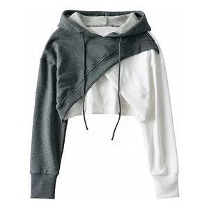 Manches longues couleur bloc haut court femmes sweats à capuche croix corps recadrée sweat à capuche femmes sweats à capuche - Product Image 2