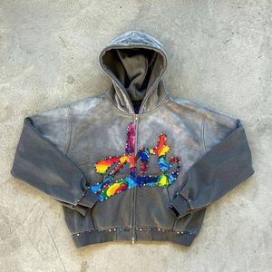 Chaqueta de invierno personalizada con diamantes de imitación para hombre, ropa de calle de cristal, parche con apliques holgados de gran tamaño, sudadera vaquera con cremallera, 100% de algodón - Product Image 1