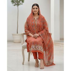 Ensemble de tenue festive pour femmes en coton et mousseline imprimé Paisley, 3 pièces, non cousues, longueur genoux, été - Orange - Product Image 5