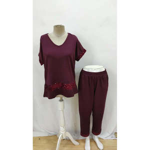 Women's Short-Sleeved V-Neck <b>Sequined</b> Viscose Two-Thread Blouse and <b>Pants</b> Two-Piece Set, 36143 - Burgundy - Product Image 4