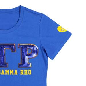 Sigma Gamma Rho SGRho Sequin Patch Tee Royal Blue Greek <b>Letters</b> Embroidered Sorority Apparel <b>Gold</b> Trim Greek Life T Shirt - Product Image 3
