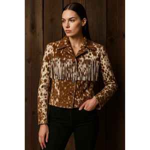 Chaqueta Corta de Cuero Vacuno con Flecos y Decoración de Piel para Mujer, con Logotipo Personalizado, para Primavera y Otoño - Product Image 1