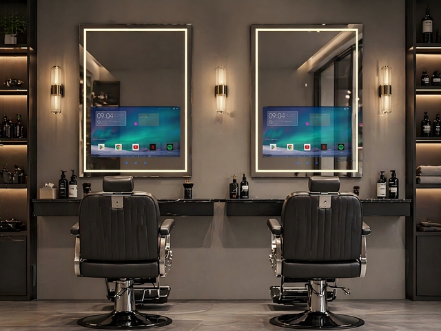 Smart Android Frameless LED Backlit Barber Shop Mirrors With TV Waterproof 21.5 Inch Mirror With TV Screen for Saloon Spa