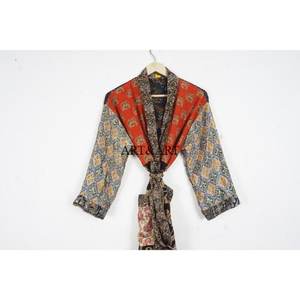 Designer Elegant Floral Print Vintage Silk Sari Kimono Robe Soft Casual Summer Intimates Beach Nightgown Floor-Length - Product Image 2