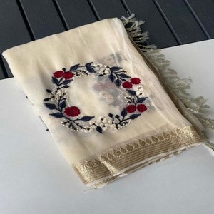 Sari VASTRA COTTAGE de viscosa georgette con bordado de motivos de corona de múltiples hilos, textura suave y fluida, elegante sari de un solo tono. - Product Image 5