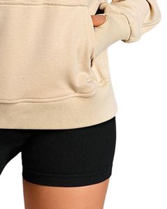 Sudadera con Capucha de Forro Polar Beige para Mujer, Sudadera Holgada con Media Cremallera y Bolsillo Tipo Canguro, Informal, para Invierno, Ropa de Calle - Product Image 6