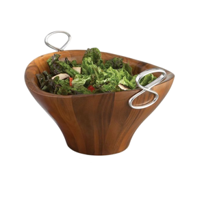 Cuencos de madera de mango natural para servir alimentos con asa de metal, forma redonda, para frutas y ensaladas, para decoración de la mesa de comedor de la cocina. - Product Image 4